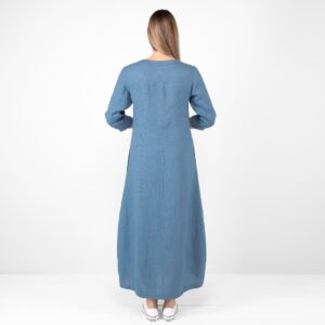 long jeans blue linen dress, full view backside
