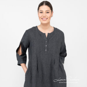 linen dark grey wide dress with rounded neck with buttons.