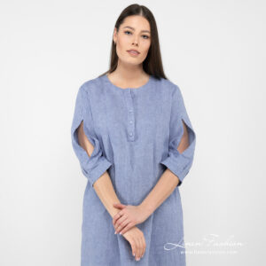 light blue linen dress with open sleeves.