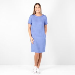 blue linen dress midi, washed