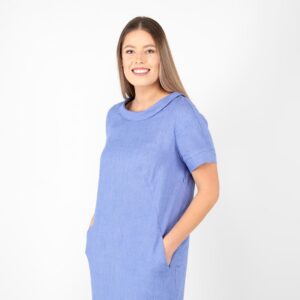 blue linen dress midi, short sleeves