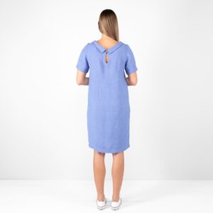 blue linen dress midi, from back