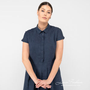 long linen dark blue dress with short sleeves.
