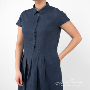long linen dark blue dress with pockets and buttons.