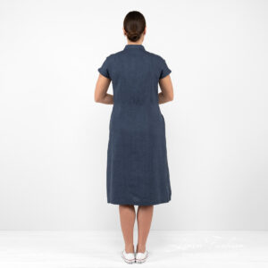 long linen dark blue dress from backside.