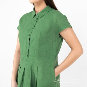 linen green long dress with pockets.