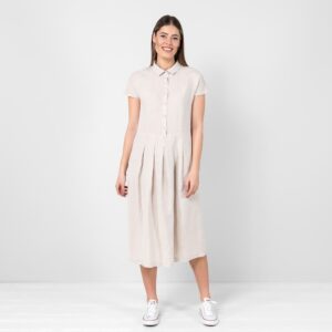 beige midi linen dress, with pleated front