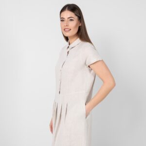 beige midi linen dress, short sleeves