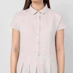 beige midi linen dress, classic shirt collar
