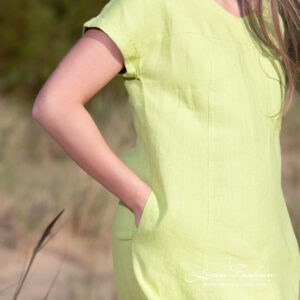 light green linen dress with short sleeves.
