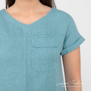 turquoise linen dress with cargo pocket.