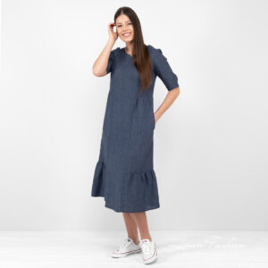dark blue long linen dress with ruffles at bottom.