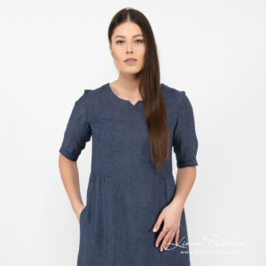 dark blue long linen dress with 3/4 sleeves.