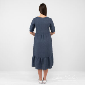 dark blue long linen dress from backside.
