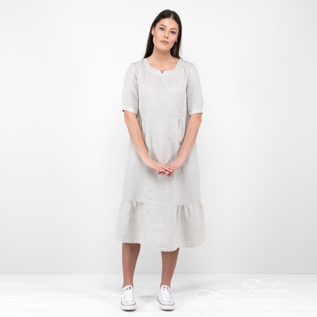 beige long linen dress.