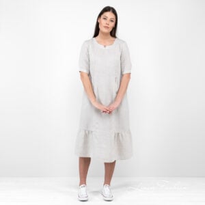 beige long linen dress.