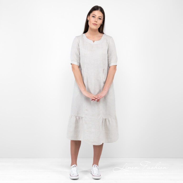 beige long linen dress.