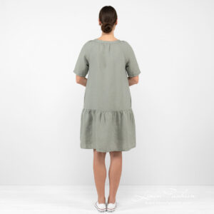 linen wide green dress from backside.