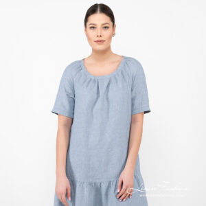 linen blue dress with ruffles.