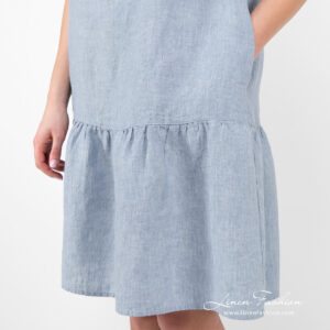 linen blue dress with pockets at sides.