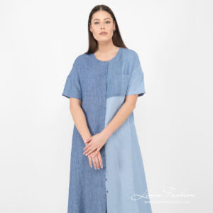 linen long blue shades dress, short sleeves.