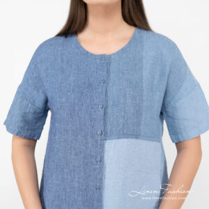 linen long blue shades dress, pocket on from, round neck.