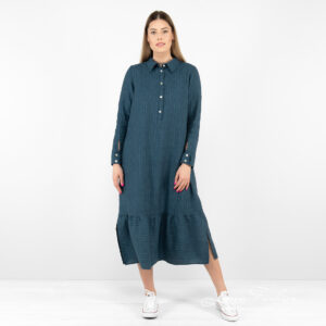 dark blue linen dress.