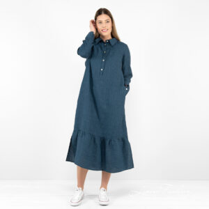 dark blue linen dress long.