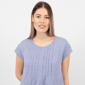 light blue linen dress pleats on front