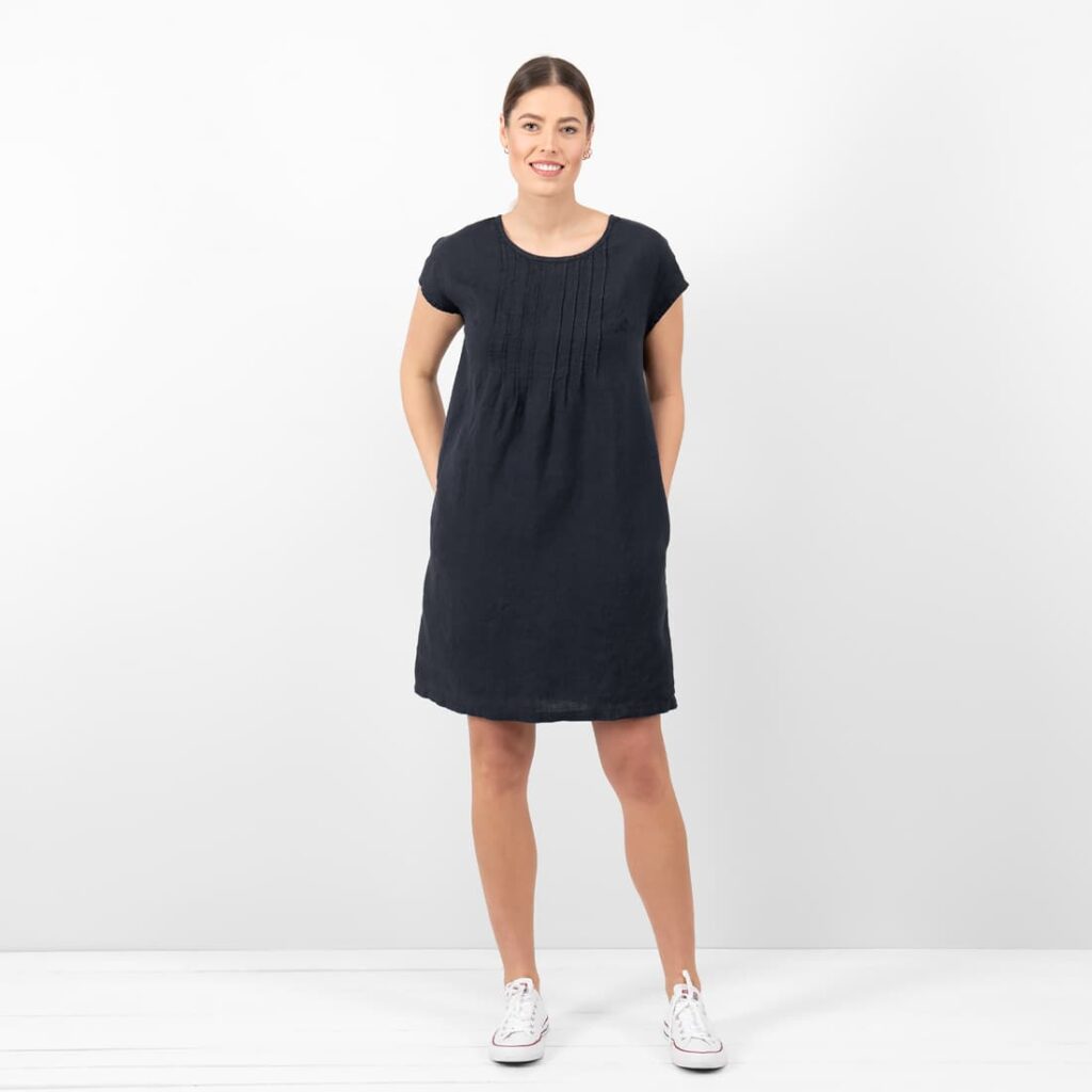 linen blue black dress