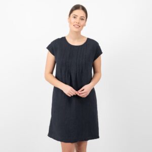 linen blue black dress short sleeves