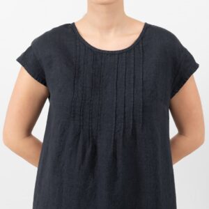 linen blue black dress with pleats on front