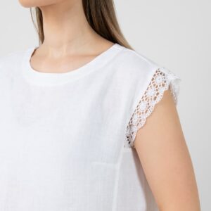 White knee length linen dress, short sleeves with lace