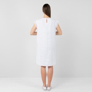 White knee length linen dress, button closure on back