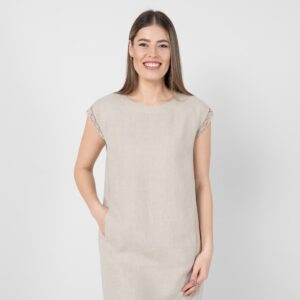 Natural linen knee length dress, short sleeves with lace