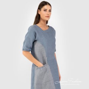 Blue dress of 100% linen fabric.