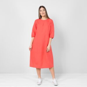 Red linen dress, midi length