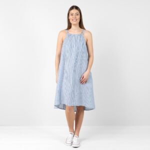 Blue striped linen dress, A-line silhouette