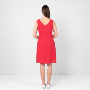 Red linen dress, v neckline
