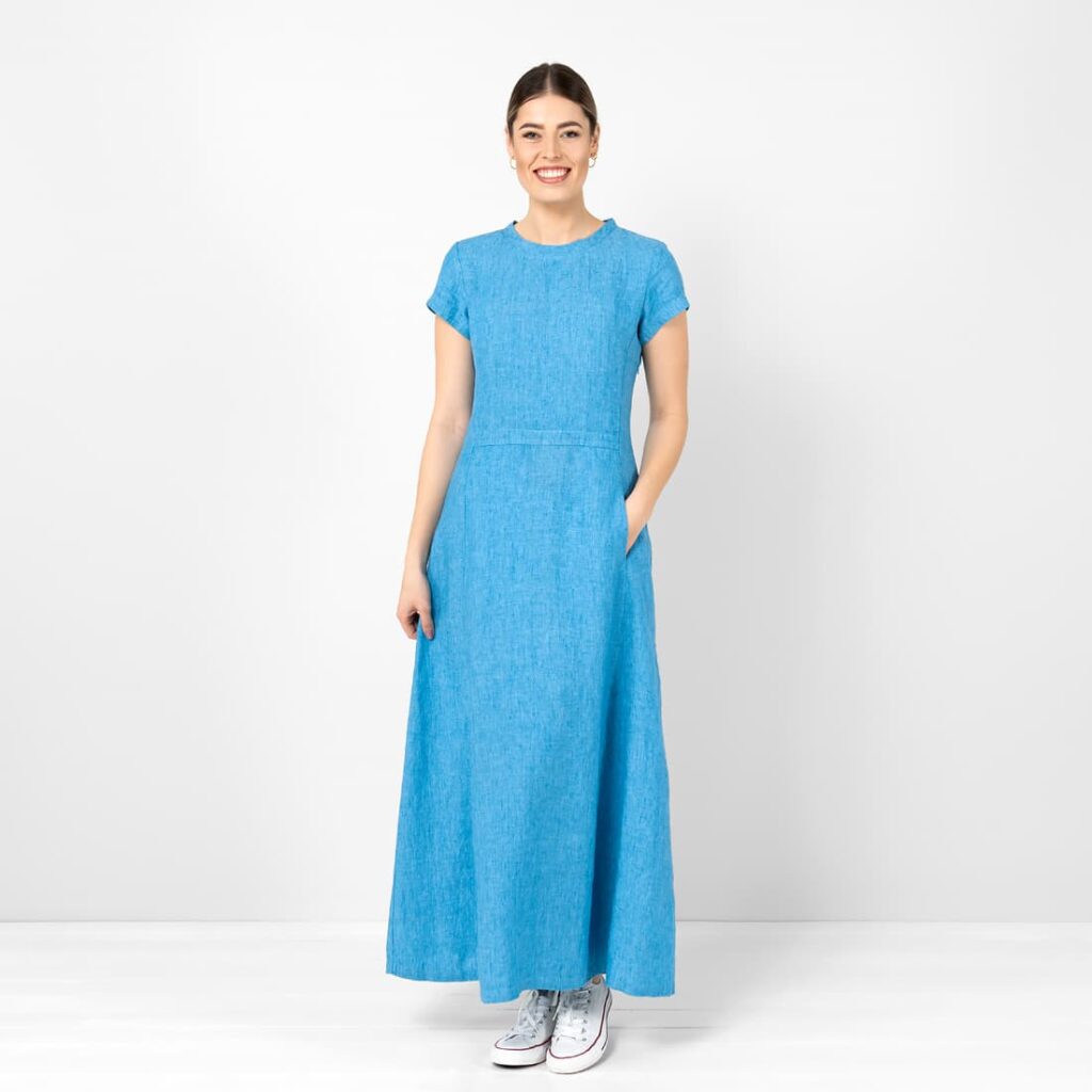 Blue linen dress, maxi length