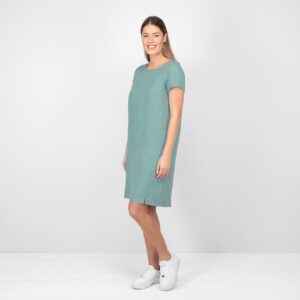 aqua linen dress from side, short sleeves