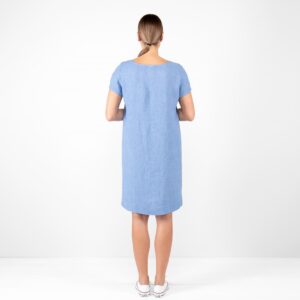 blue linen dress, from back