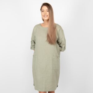 old green linen dress pockets on front