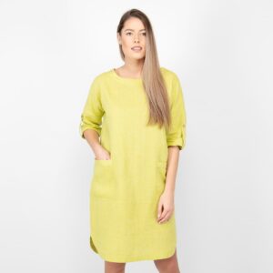 salad green linen dress 3/4 sleeves