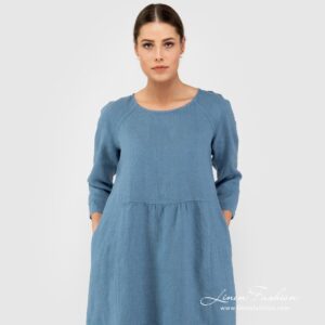 DELFINA blue dress of 100% linen fabric.