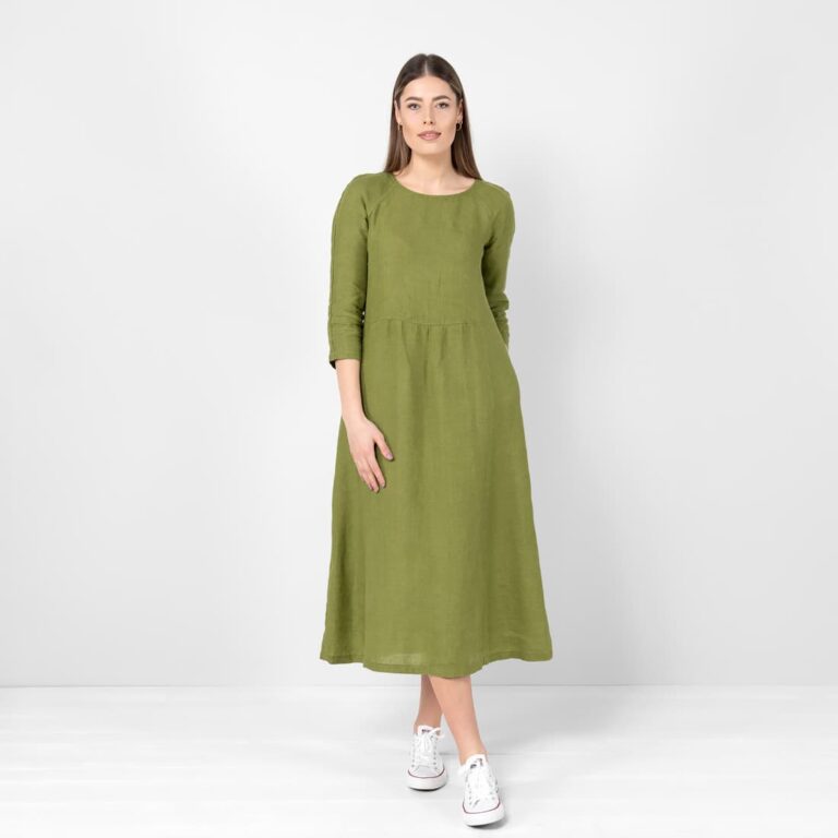 Green linen dress, midi length