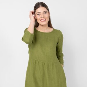 Green linen dress, round neckline