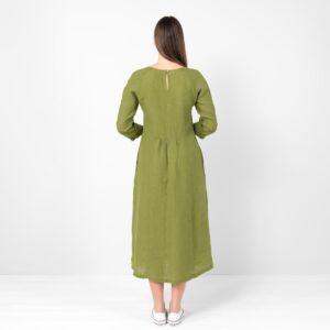 Green linen dress, button closure on back