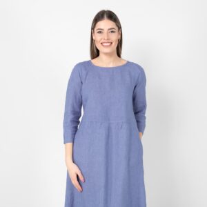 Blue linen dress, round neckline