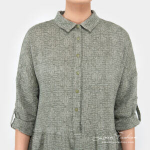 moss green linen dress with collar and buttons.
